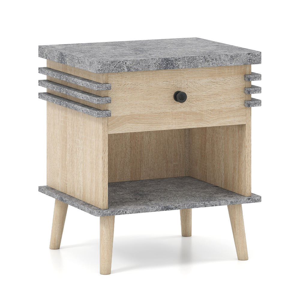 3-tier bedside table nightstand with antique grey faux marble top, featuring a drawer and open shelf for versatile.