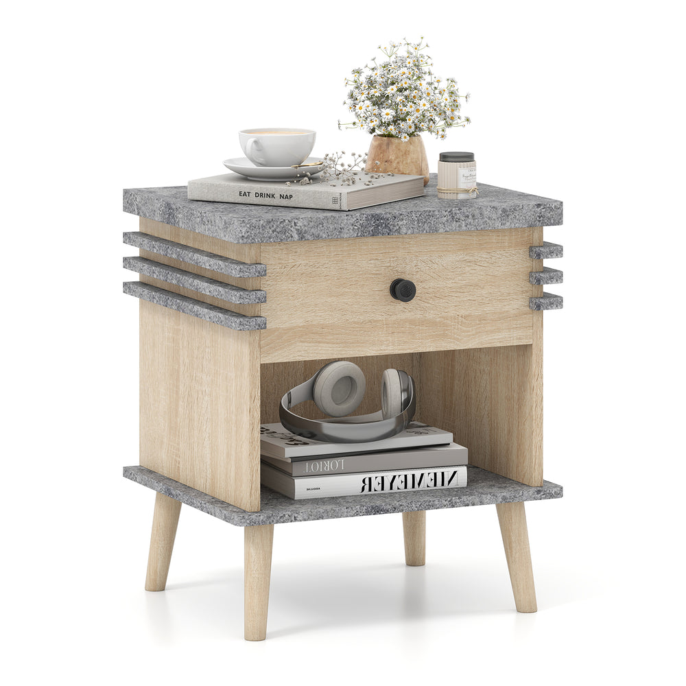 Bedside table with antique grey faux marble top and rubber wood legs, featuring a sleek design for stylish storage.