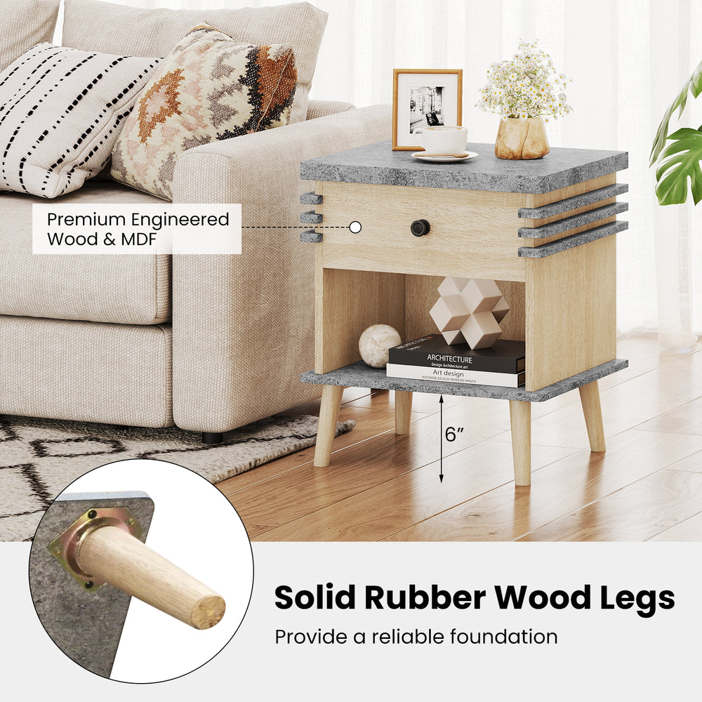 3-tier bedside table with antique grey faux marble top, rubber wood legs, and drawer for versatile storage in any room.