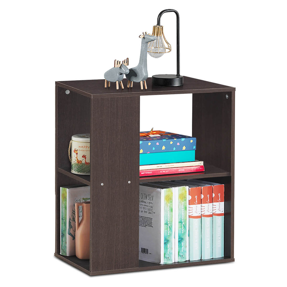 2-tier brown side end table with storage shelves, featuring open design for magazines and cups, perfect for living room.