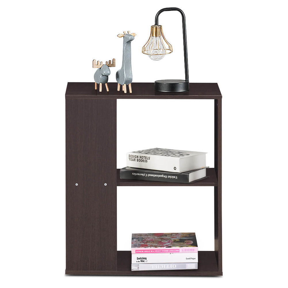 2-tier brown side end table with open shelves, perfect for living room or bedroom storage and decor.