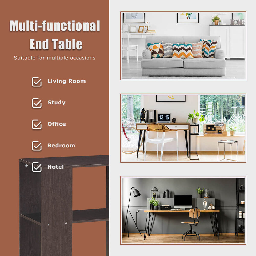 2-tier brown side end table with open shelves, perfect for living room, bedroom, or office storage and organization.