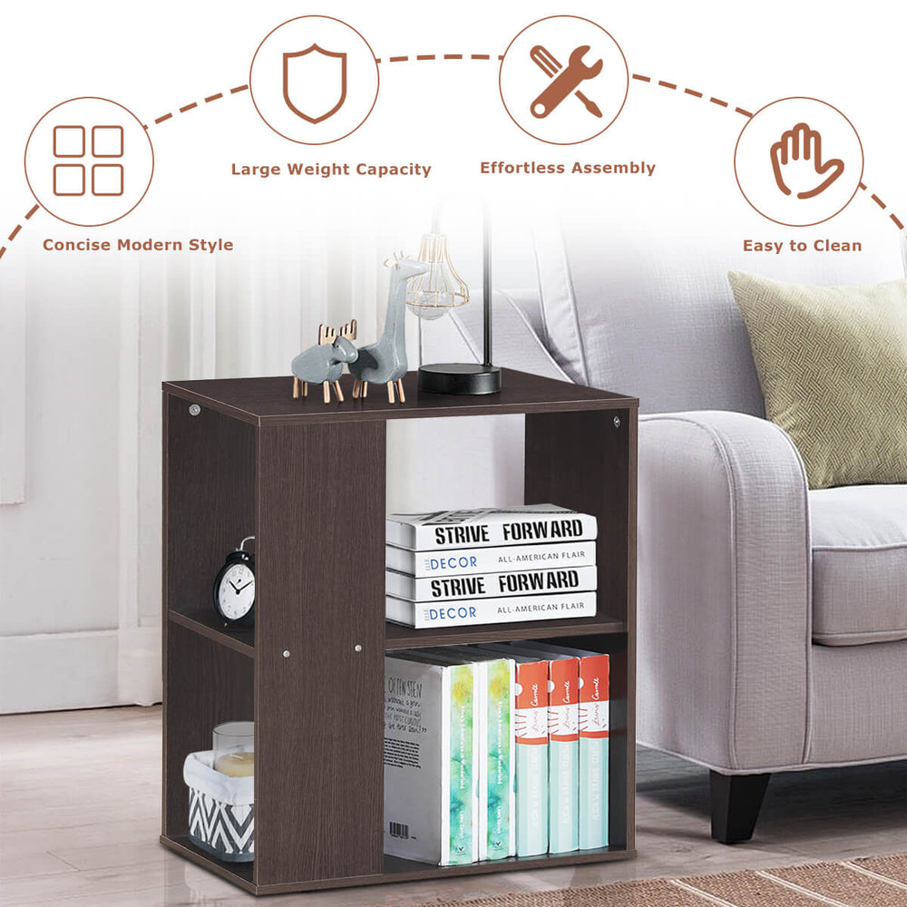 2-tier brown side end table with open shelves for storage, ideal as a nightstand or living room accent.