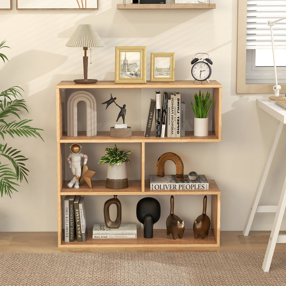 Concave 3-shelf open bookshelf in geometric design, featuring anti-toppling devices, ideal for living room or office.
