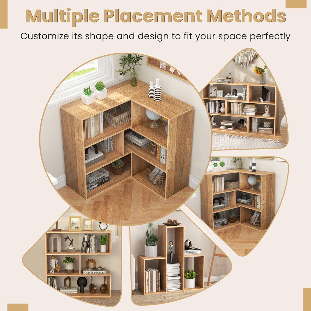 Concave bookshelf with 3 open shelves, geometric design, and anti-toppling devices for stable storage in any room.
