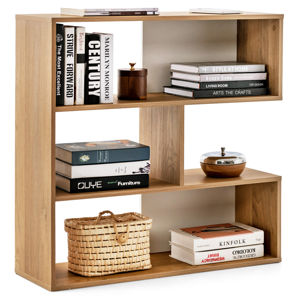 Concave bookshelf with 3 open shelves in a geometric design, ideal for living room or office storage and display.