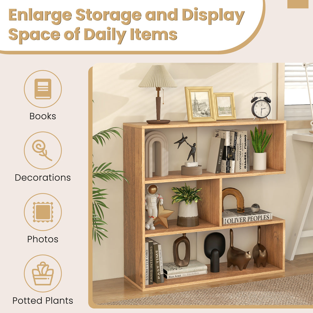 Concave 3-shelf open bookshelf in geometric design, ideal for displaying books and decorations in living room or office.