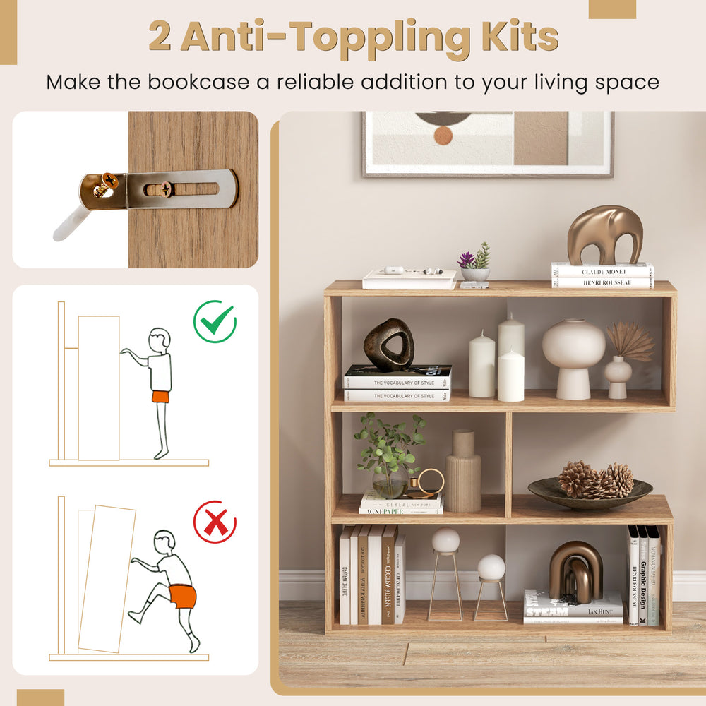 Concave 3-shelf open bookcase with anti-toppling devices, ideal for stable storage in living room or office.