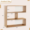 Concave bookshelf with three open shelves, featuring a geometric design and anti-toppling device for stability.