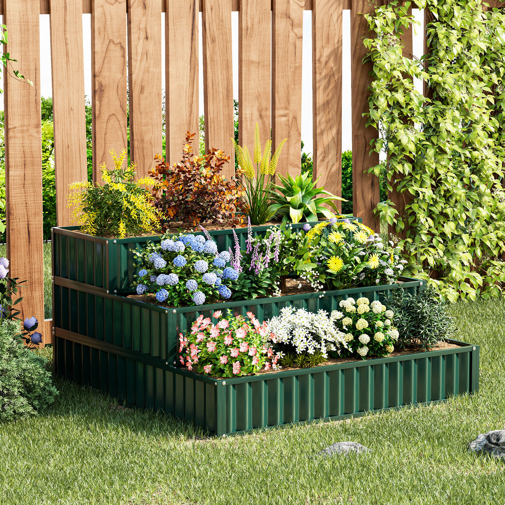 Heavy-Duty Metal Outdoor 3-Tier Raised Garden Bed Planter Box-Green - Gallery View 1 of 10