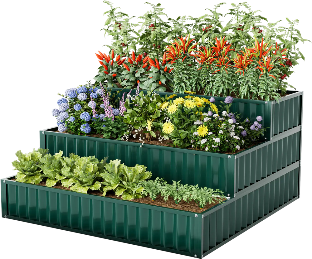 Three-tier heavy-duty metal raised garden bed planter box in green, ideal for various plants, preventing root decay.