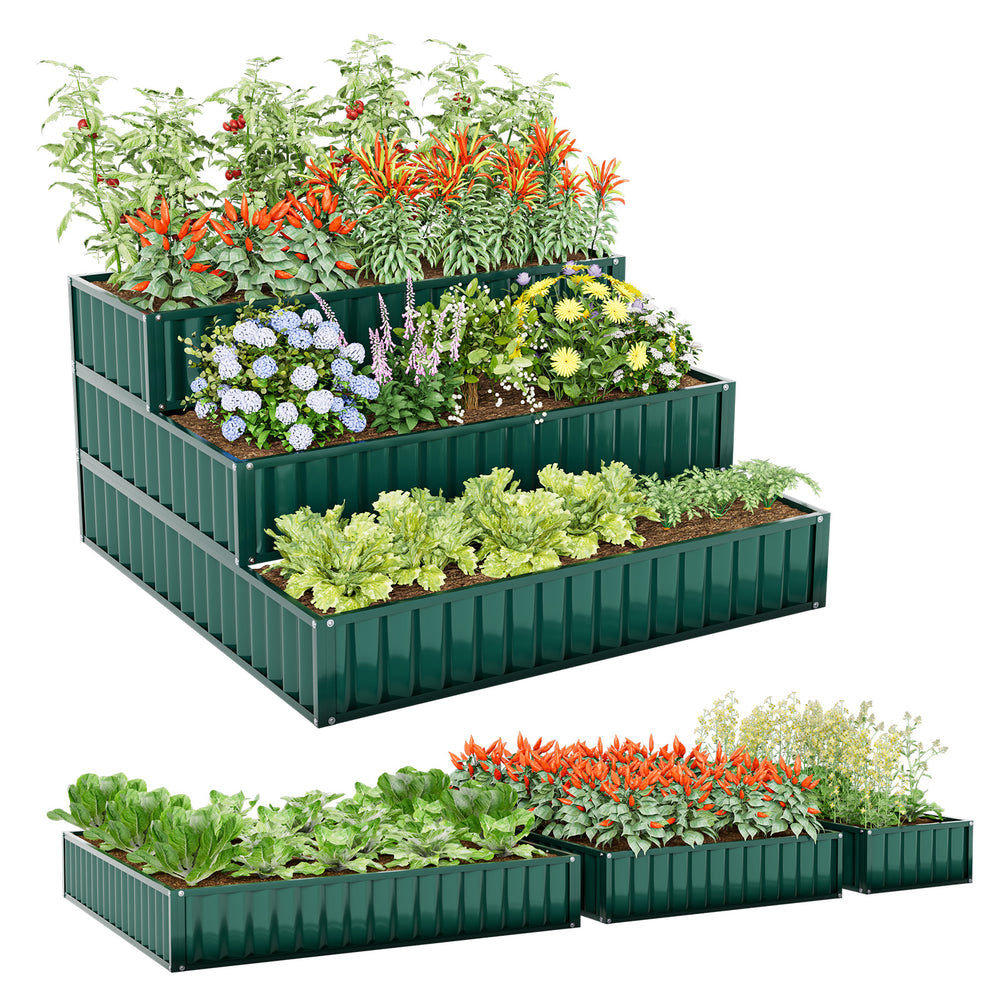 Three-tier heavy-duty metal raised garden bed planter box in green, ideal for various plants and flexible layouts.