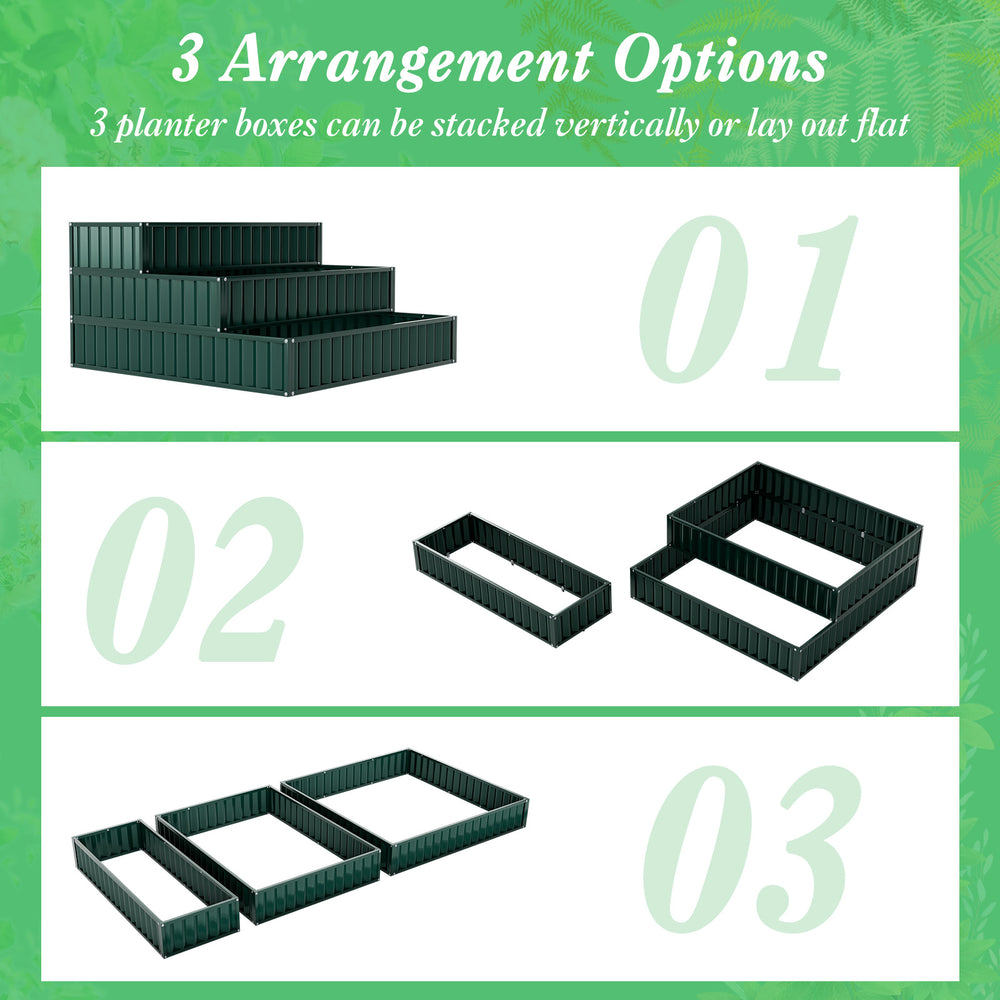 Three heavy-duty metal planter boxes in green, shown stacked and laid flat for versatile garden arrangements.