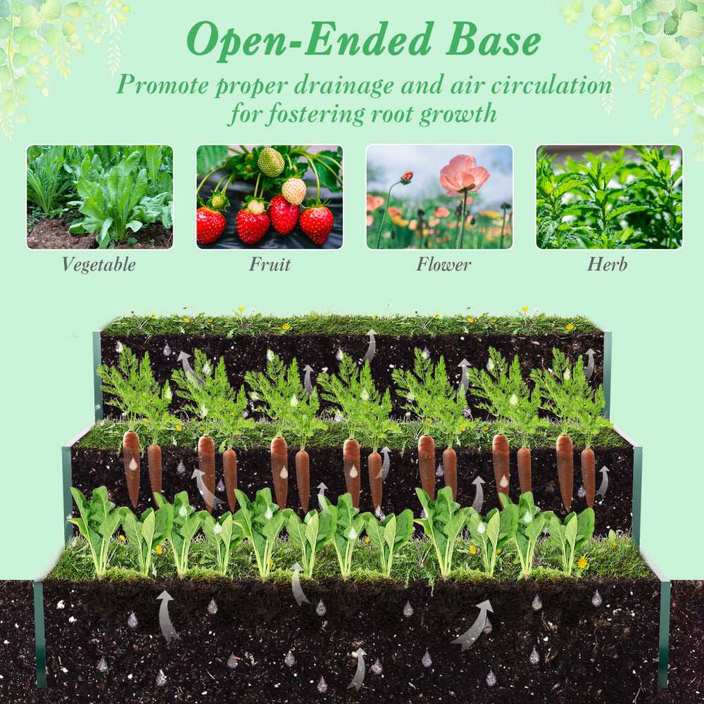 Three-tier heavy-duty metal raised garden bed planter box in green, designed for vegetables, flowers, and fruits with.