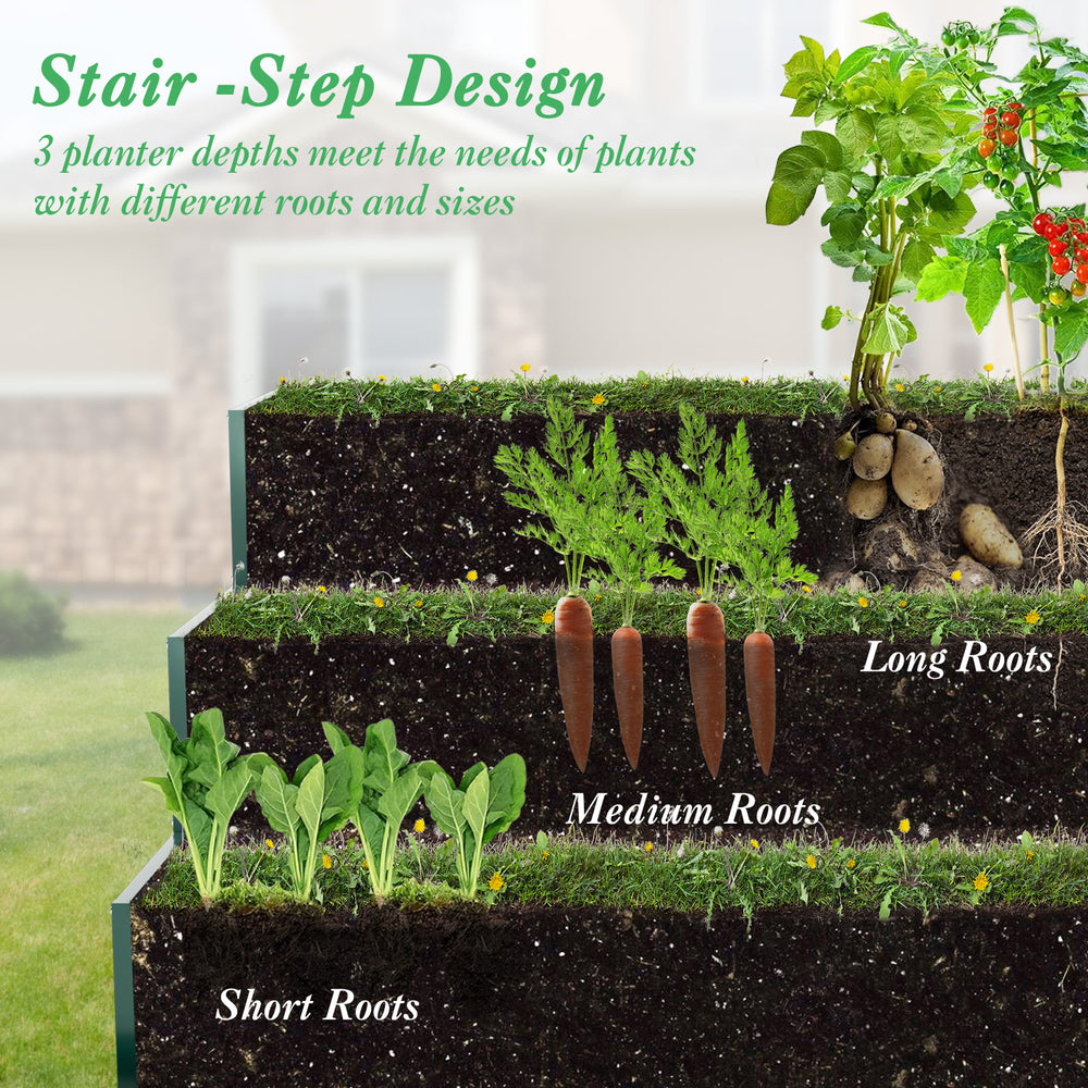 3-tier heavy-duty metal raised garden bed planter box in green, designed for plants with short, medium, and long roots.