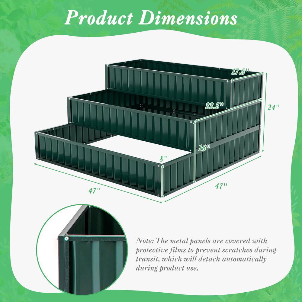 Three-tier heavy-duty metal raised garden bed planter box in green, designed for flexible planting layouts and.
