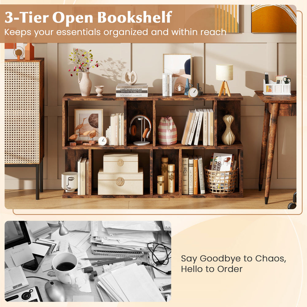 3-tier open bookshelf in rustic brown, perfect for organizing books and decor in small spaces like living rooms or.
