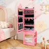 Pink kids jewelry cabinet armoire with open doors showcasing organized jewelry and accessories, ideal for young girls'.