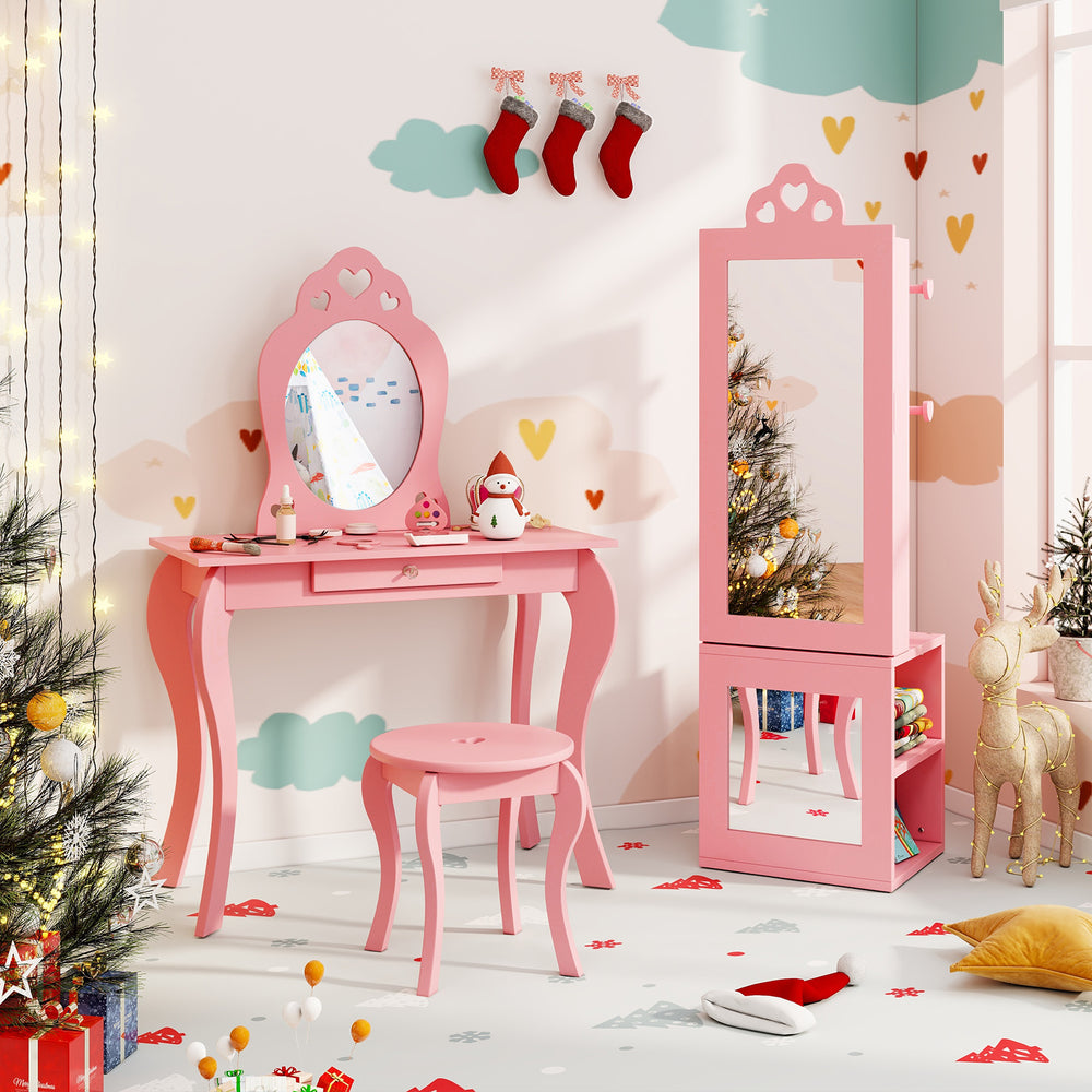 Pink 3-in-1 kids jewelry cabinet armoire with full-length mirror, heart-shaped cutouts, perfect for organizing.