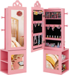 Freestanding pink kids jewelry cabinet armoire with full-length mirror, ample storage, and heart-shaped cutouts for.