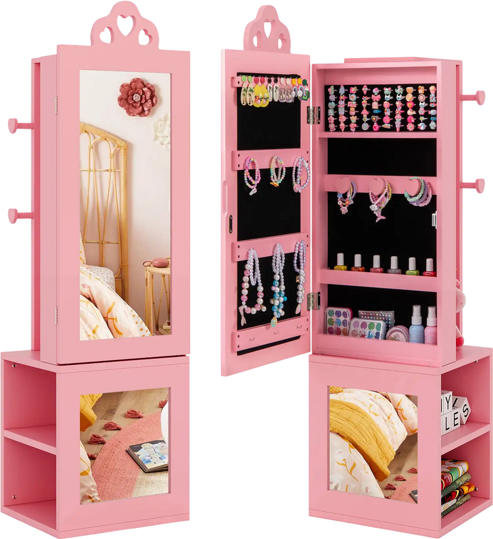Freestanding pink kids jewelry cabinet armoire with full-length mirror, ample storage, and heart-shaped cutouts for.