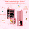 Freestanding pink kids jewelry cabinet with full-length mirror, ample storage, and heart-shaped cutouts for.