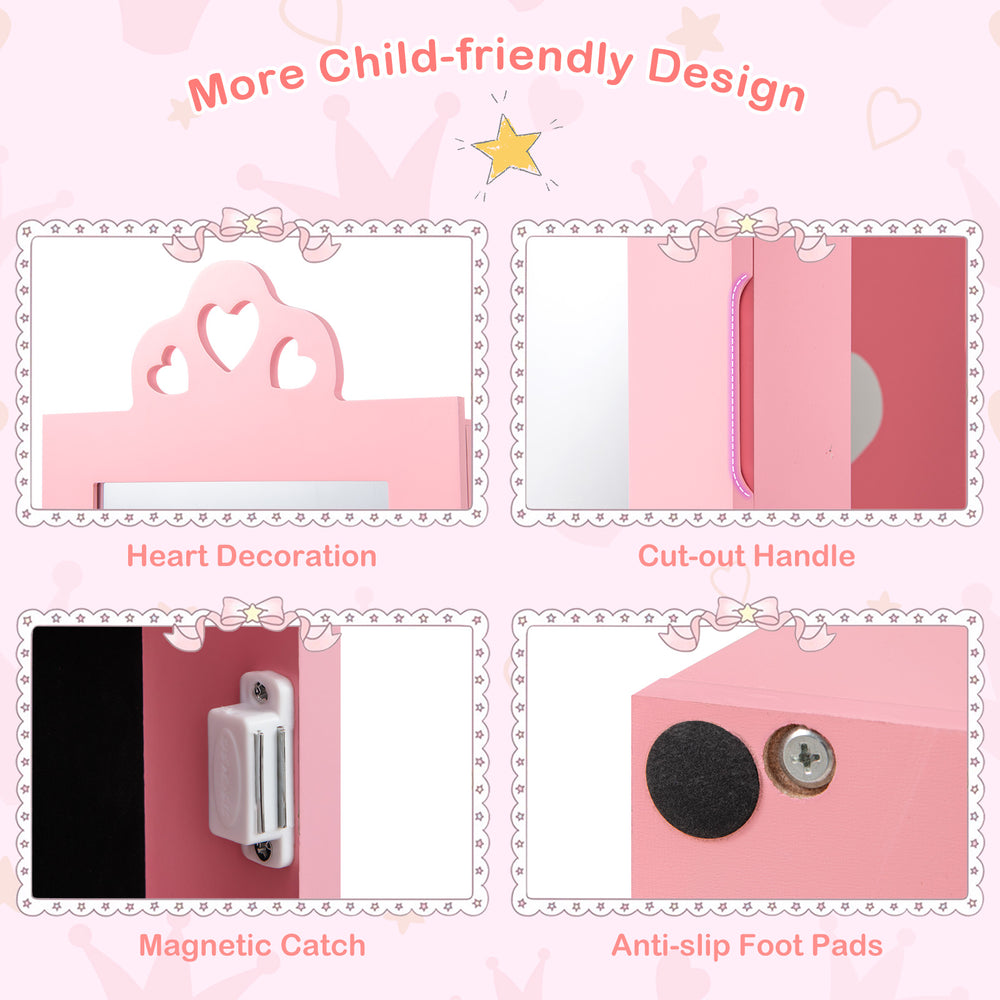 Close-up of the pink kids jewelry cabinet features heart decoration, cut-out handle, and anti-slip foot pads for safety.