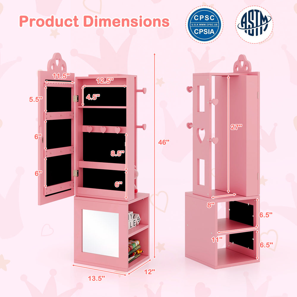 Freestanding pink kids jewelry cabinet armoire with full-length mirror, ample storage, and heart-shaped cutouts, 46.