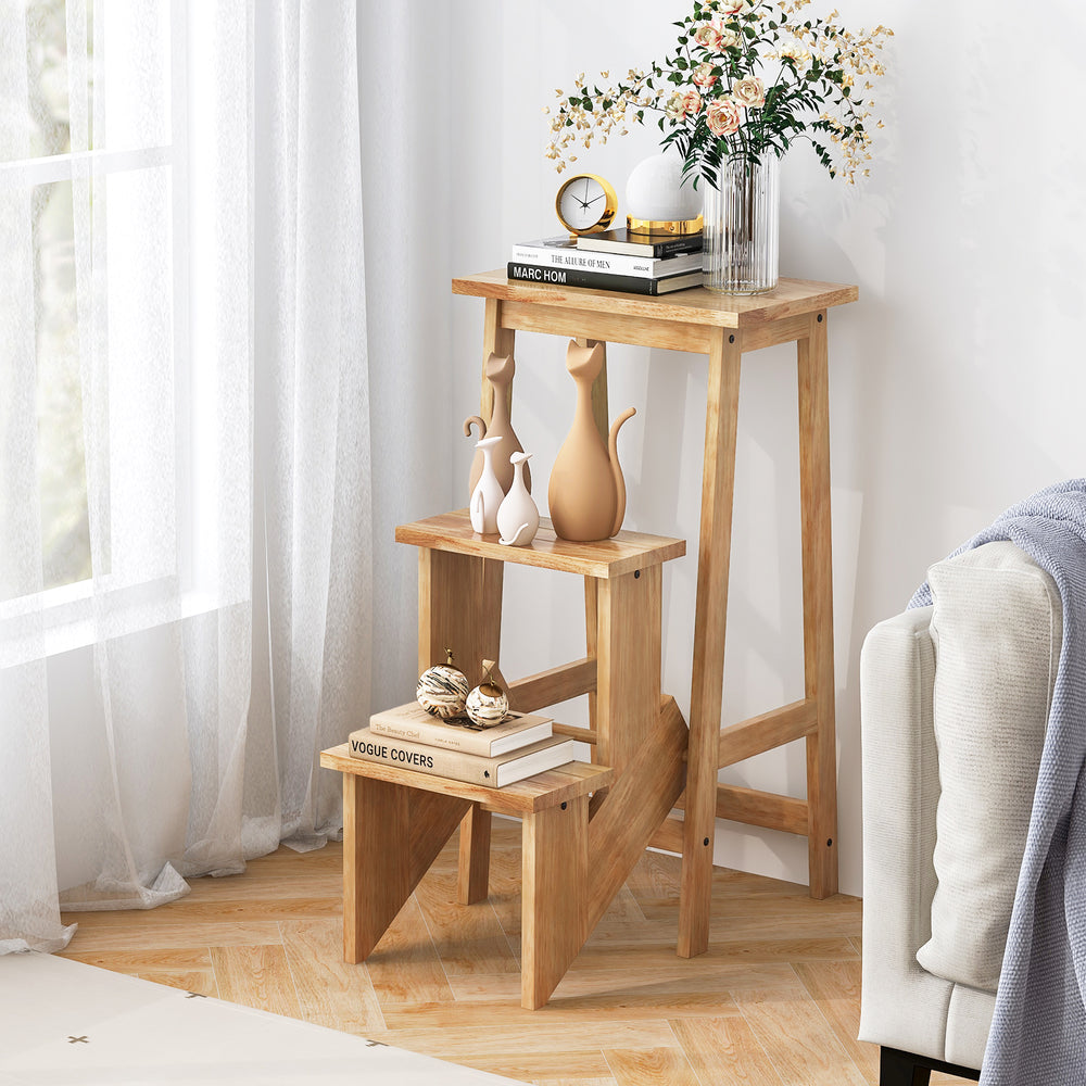 3-in-1 Rubber Wood 3 Tier Folding Step Stool Ladder Storage Shelf-Natural - Gallery View 1 of 9
