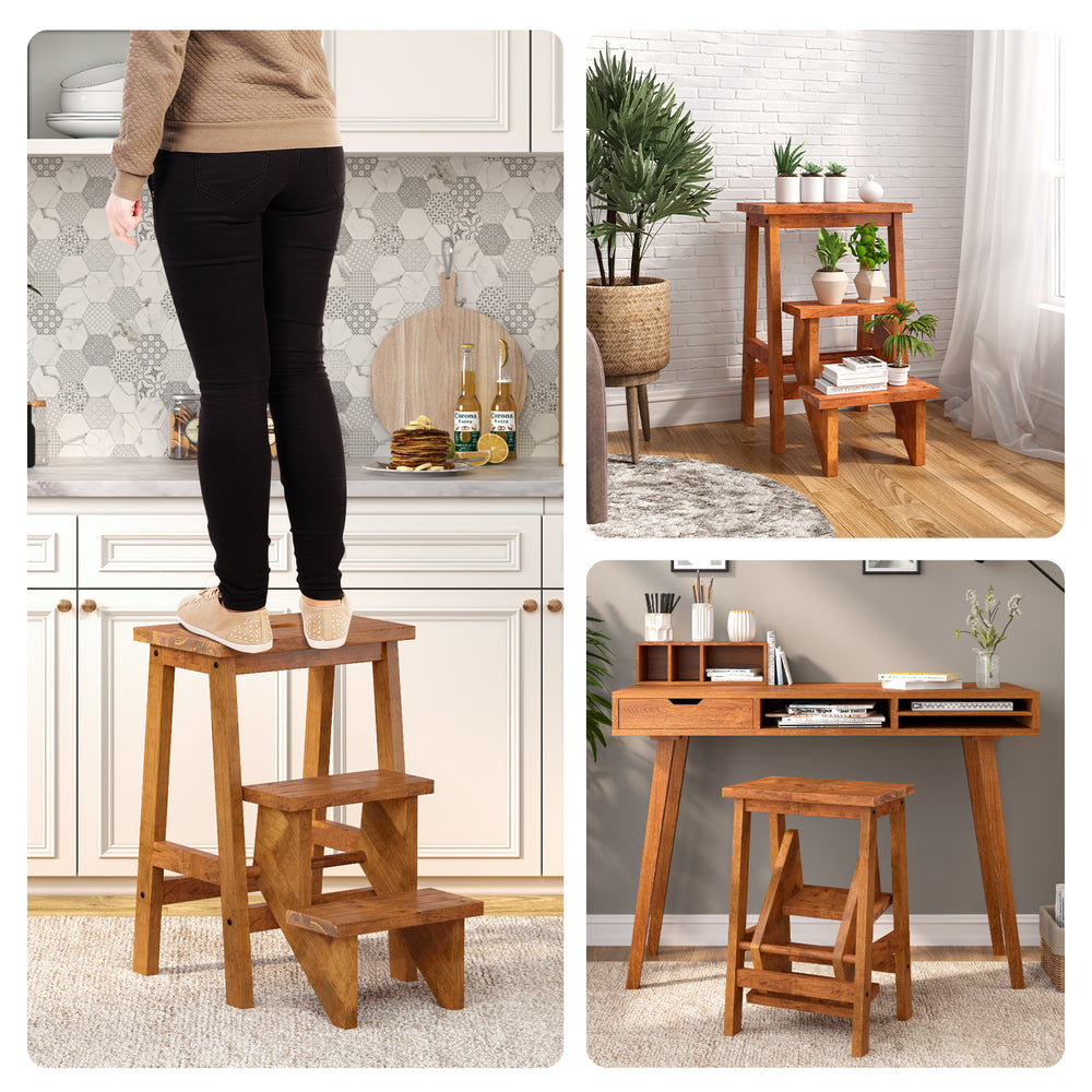 3-in-1 Rubber Wood Step Stool with Convenient Handle-Dark Brown - Gallery View 1 of 8