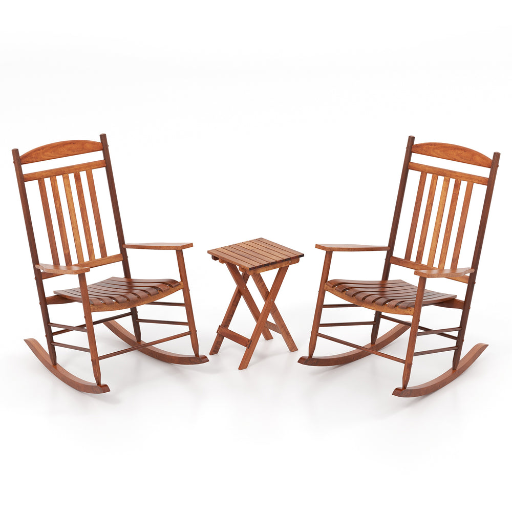 Two natural poplar wood rocking chairs with a folding side table, perfect for outdoor relaxation on the patio or garden.