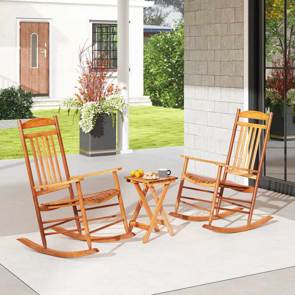 Natural poplar wood rocking bistro set with high backrests and cozy armrests, perfect for outdoor relaxation on the.