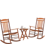 Two natural poplar wood rocking chairs with a folding side table, perfect for relaxing on a patio or balcony.