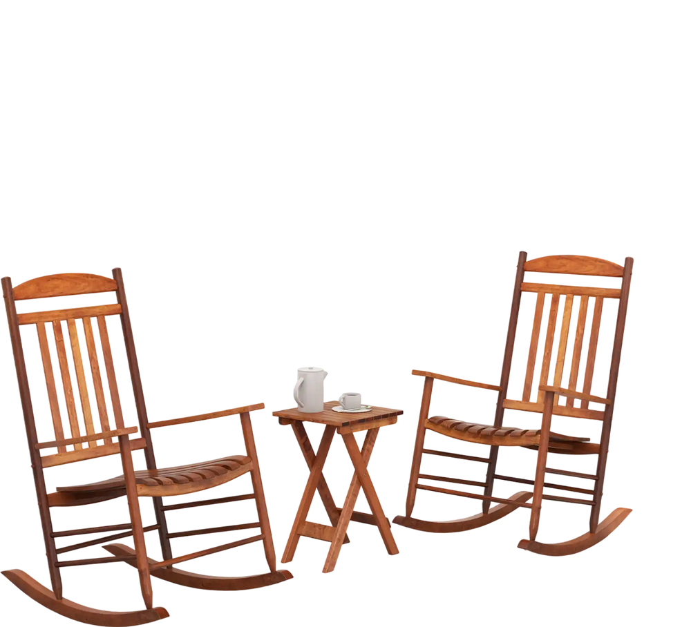 Two natural poplar wood rocking chairs with a folding side table, perfect for relaxing on a patio or balcony.