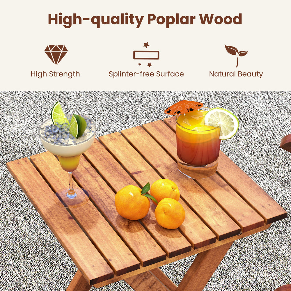 Close-up of the folding side table from the 3-piece outdoor poplar wood rocking bistro set, showcasing its natural.