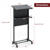 Height adjustable lectern table with tilted tabletop, black metal frame, and storage shelf for classrooms and events.
