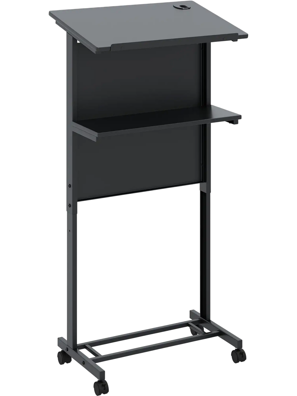Height adjustable black lectern table with tilted tabletop and storage shelf, ideal for classrooms and events.