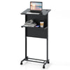 Height adjustable lectern table in black with tilted tabletop and storage shelf, ideal for classrooms and offices.