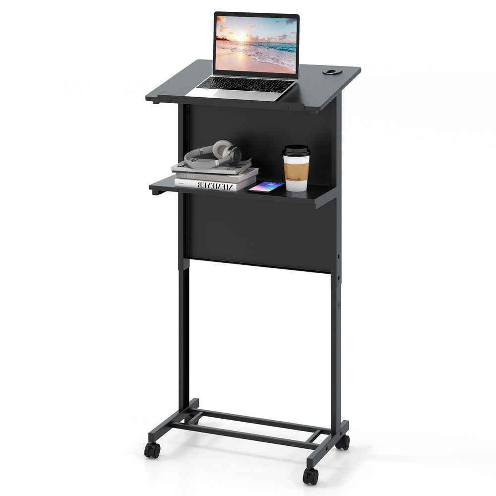 Height adjustable lectern table in black with tilted tabletop and storage shelf, ideal for classrooms and offices.