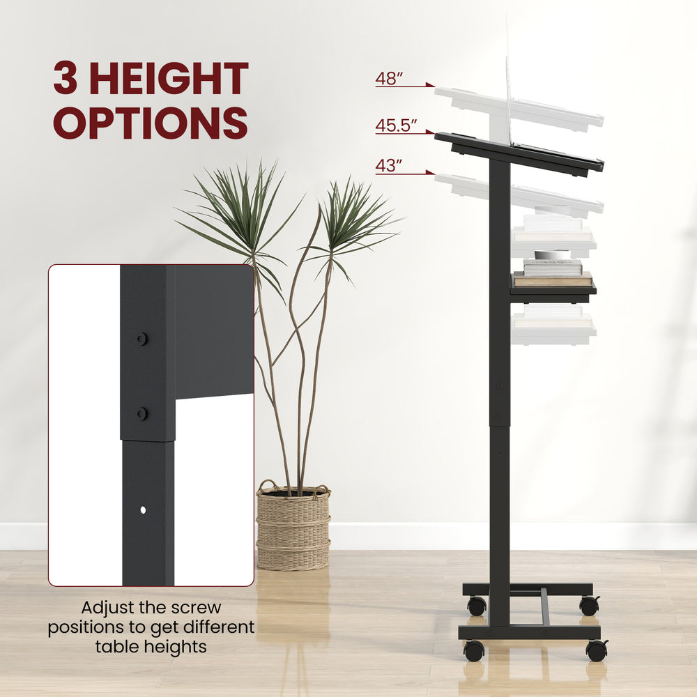 Height adjustable lectern table in black with tilted tabletop, featuring 3 height options for versatile use in various.