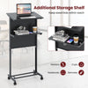 Height adjustable lectern table in black with tilted tabletop and additional storage shelf for notebooks and cups.
