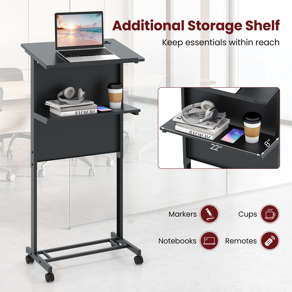 Height adjustable lectern table in black with tilted tabletop and additional storage shelf for notebooks and cups.