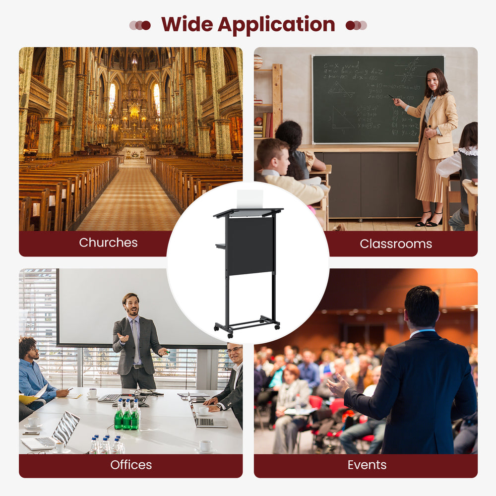 Height adjustable black lectern table with tilted tabletop, ideal for churches, classrooms, offices, and events.