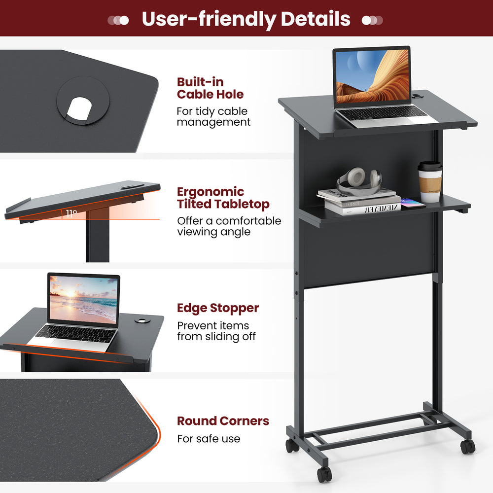 Height adjustable lectern table in black with ergonomic tilted tabletop and built-in cable hole for organized use.
