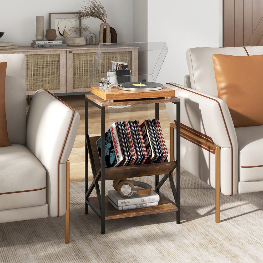 3-tier industrial side table in rustic brown with V-shaped bookshelf, perfect for living room storage and decor.