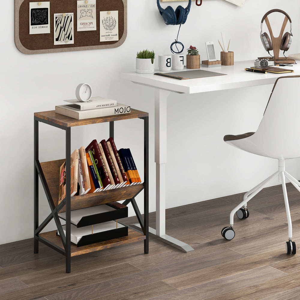 3-tier industrial side table in rustic brown with V-shaped bookshelf, perfect for storing books and decor in small.