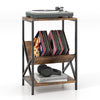 3-tier industrial side table in rustic brown with V-shaped bookshelf, perfect for storing records and decor in small.