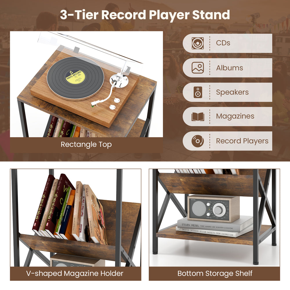 V-shaped bookshelf and bottom shelf of the rustic brown 3-tier industrial side table, ideal for magazines and decor.