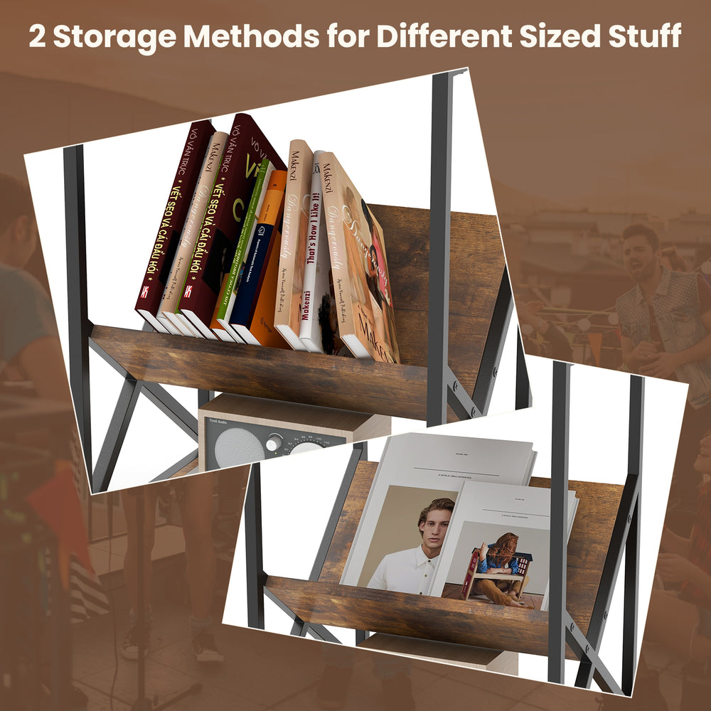 3-tier industrial side table with V-shaped bookshelf, rustic brown finish, ideal for storing books and decor in small.