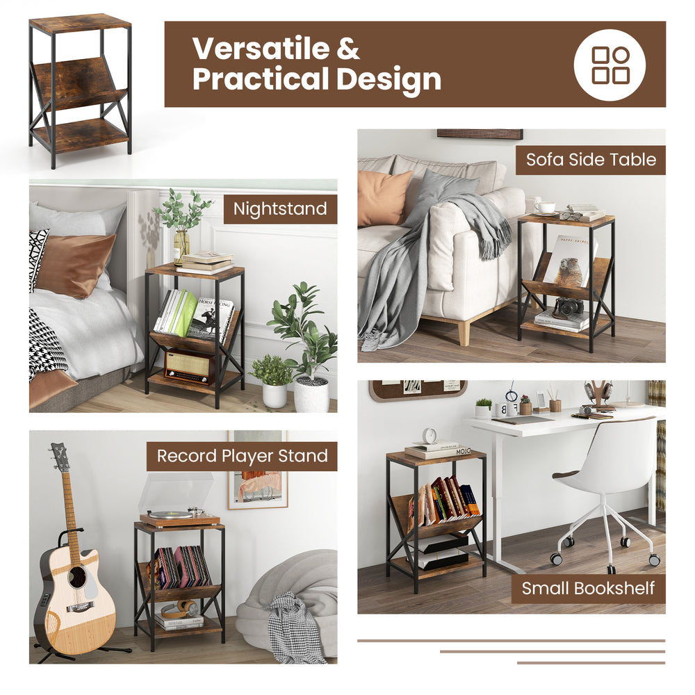 3-tier industrial side table in rustic brown with V-shaped bookshelf, ideal for small spaces and versatile storage.
